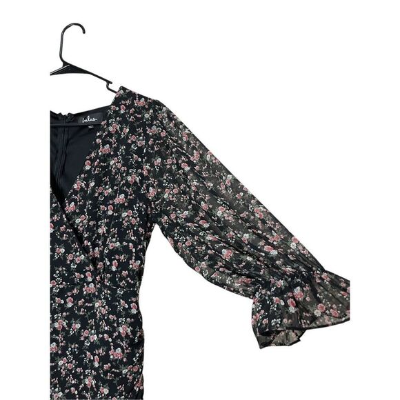Lulus Estella Black Floral Print Ruched Ruffled Mini Dress Size M - Picture 4 of 11